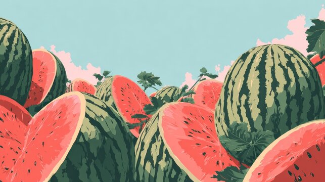 Numerous ripe melons are displayed in a field under a soft sky
