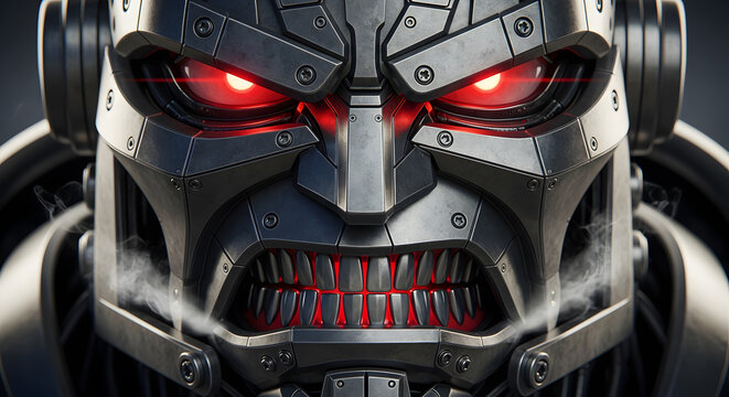 Close-up portrait of a mechanical robot head with glowing red eyes and metal texture.
