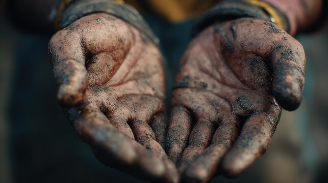 Close up of dirty hands cupped work and manual labor concept copy space