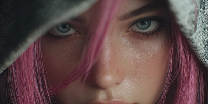 Close up portrait of a person with pink hair and piercing blue eyes
