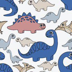 Adorable seamless pattern featuring hand-drawn cartoon dinosaurs like diplodocus and pterodactyl in soft blue, pink, and neutral tones for kids. © deepika