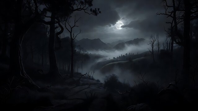 Eerie moonlight landscape dark forest valley with fog and dramatic mountain silhouette