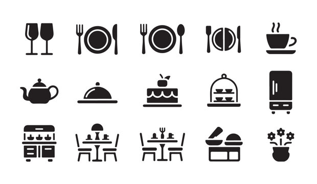 Restaurant dining and catering icons set including table setting cafe equipment and flower.