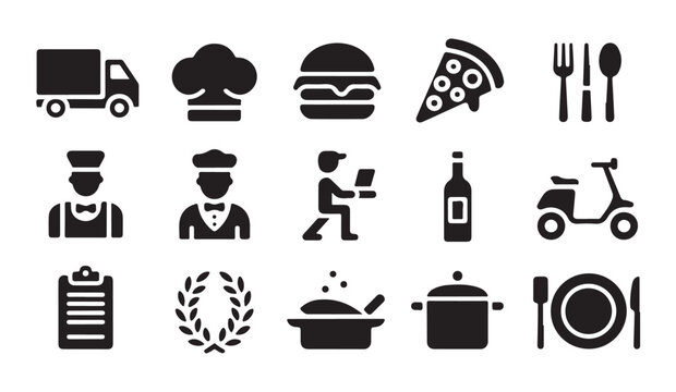 Food delivery service flat glyph icons set of truck burger pizza isolated vector.