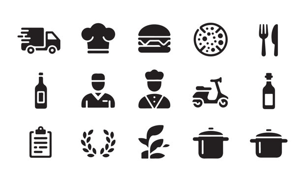 Food delivery and restaurant icons on white background.