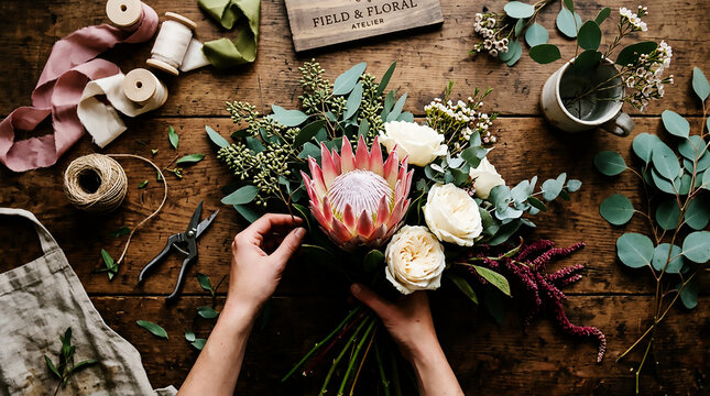 Florist hands arranging elegant wedding bouquet with king protea flower