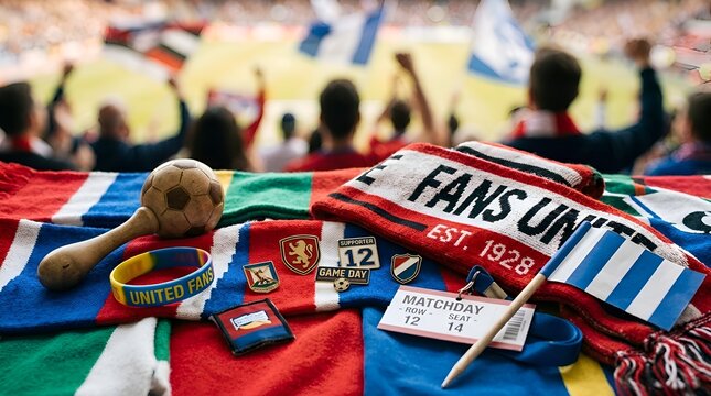Football matchday essentials for passionate fans, stadium crowd blurred background