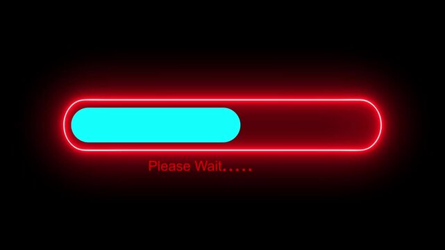 Glowing red neon please wait loading bar animation with progress status on dark background