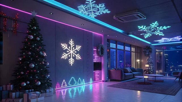 Festive holiday room with christmas tree and neon lights during winter night