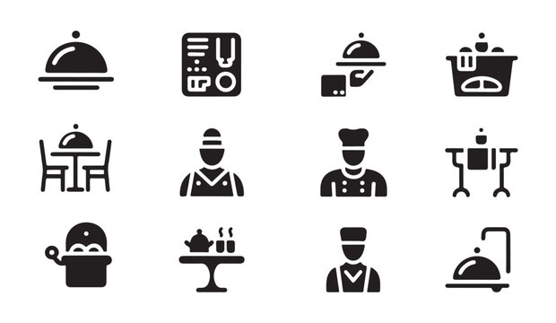 Catering and restaurant service icon set featuring food covers waiters and dining items.