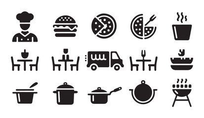 Fototapeta premium Catering and restaurant icons set, glyph style. food service elements, chef, pizza, dinner.