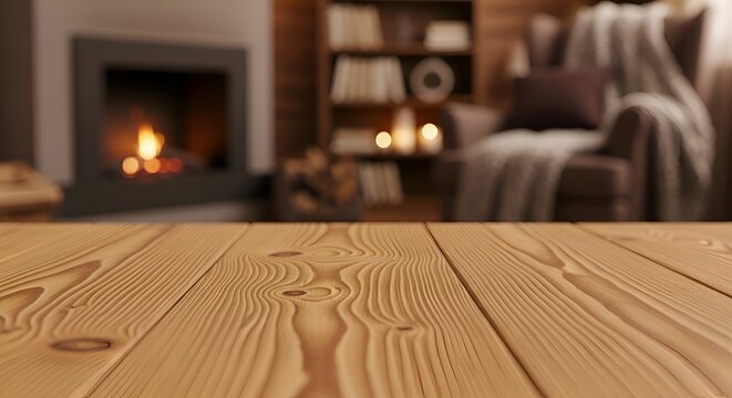 Cozy Living Room Fireplace and Bookshelf - Focus on Wood Table Foreground