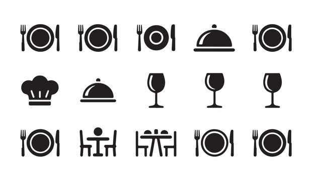 Restaurant service icons for table setting and dining experience on white background.