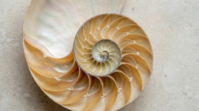 Cross section of a nautilus shell showing logarithmic spiral chambers, macro photography of marine biology geometry, symbol of golden ratio and natural perfection
