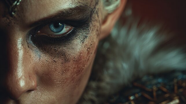 Close up of a persons eye with dramatic makeup and a stern expression