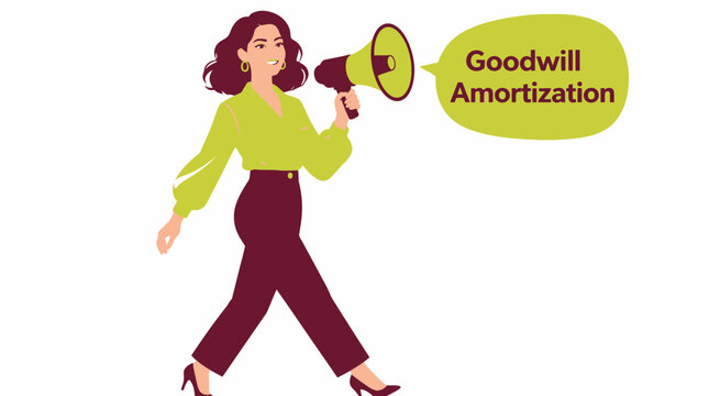 Woman with megaphone promoting goodwill amortization concept.