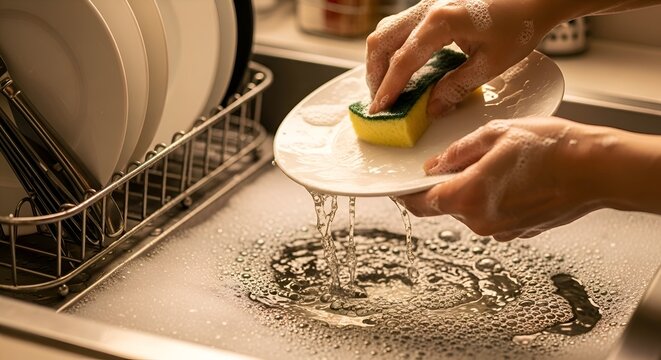 Hand washing dishes with soap and water in kitchen sink, cleaning hygiene concept