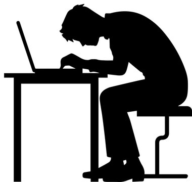 Black Silhouette of a Man Sitting at a Desk and Working on a Laptop with Poor Posture Side View Vector Illustration