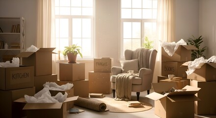 Fototapeta premium Moving Day: Cardboard Boxes & Chair in Sunlit Room, New Home Concept