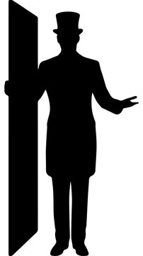 Silhouette of a Doorman or Butler in a Top Hat and Formal Coat Opening a Door, Vector Illustration