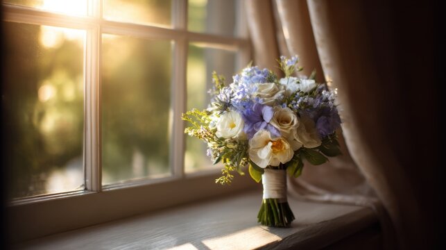 Beautiful Bouquet of White and Blue Flowers on Windowsill with Soft Natural Light and Gentle Drapes