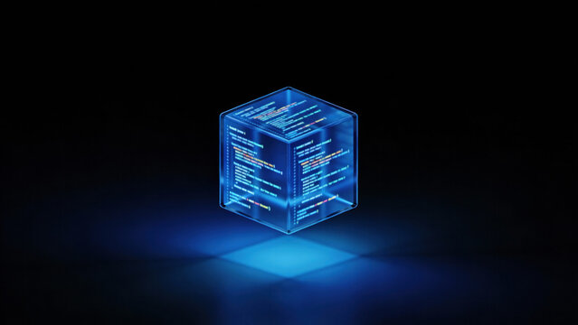 A digital cube illuminated with code, symbolizing data storage and advanced technology in the digital realm.