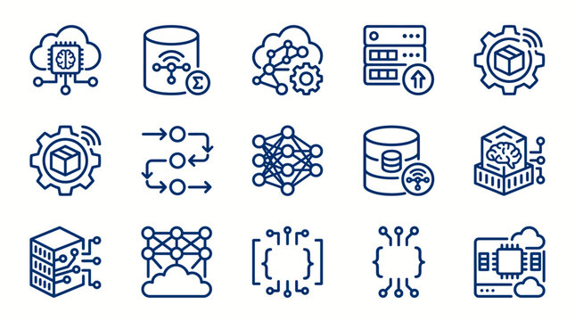 Collection of various technology and data storage related vector icons in blue color