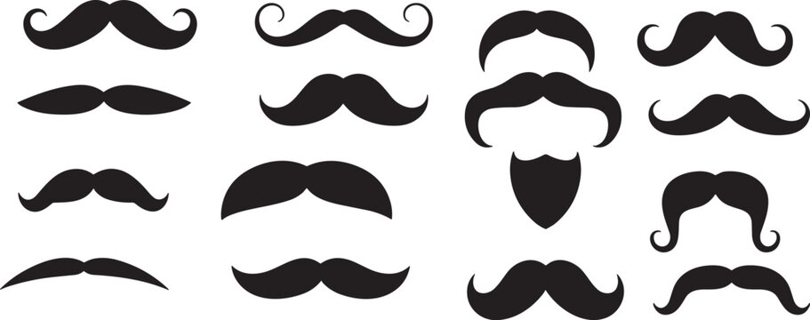 Collection of Mustache Silhouette Vector Icons Featuring Diverse Facial Hair Styles for Fashion, Character Design, and Creative Projects