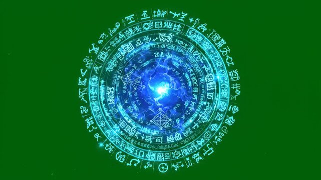 Mystical magic spell circle with swirling blue energy and glowing ancient runes on a chroma key green background as a powerful fantasy effect