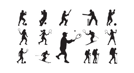Obraz premium Set of human sports silhouettes showing various training activities and movements isolated on a white background.