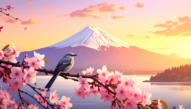 Bird on cherry blossom branch with Mount Fuji sunset landscape