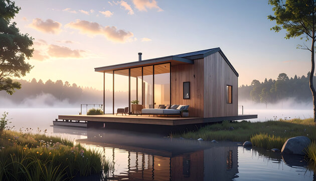 Modern minimalist cabin on a serene lake at misty sunrise