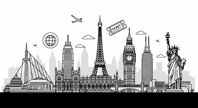 Famous Landmarks City Skyline Illustration.