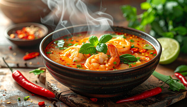 Spicy Thai Tom Yum Soup with Prawns and Herbs in Dark Bowl