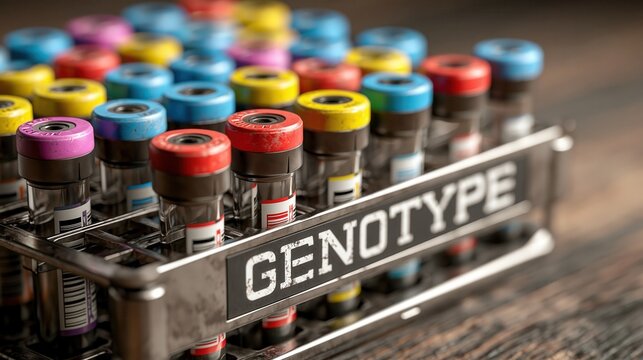 A close-up photograph captures numerous multi-colored test tubes arranged in a laboratory rack, featuring a clearly.