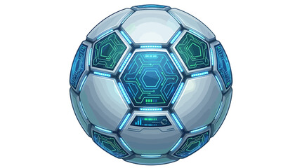 Naklejka premium Futuristic soccer ball featuring glowing blue digital tech circuits