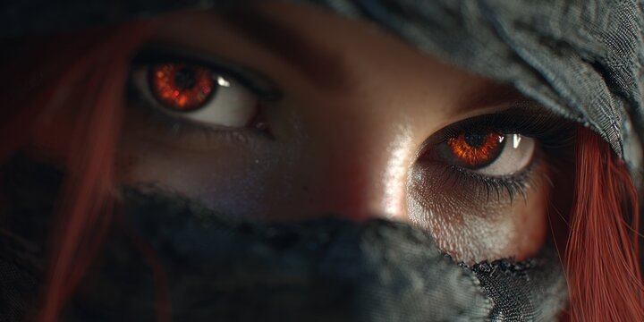 Close up of human eyes with red irises partially obscured by fabric and hair details