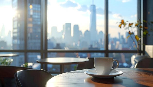 Taza de caf&eacute; sobre mesa de cafeter&iacute;a moderna junto a ventanales con vistas a rascacielos urbanos desenfocados