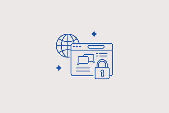 Web browser interface next to globe map and secure lock line icon for private vpn proxy server, global internet cybersecurity portal. Safe vector illustration for data encryption protection.