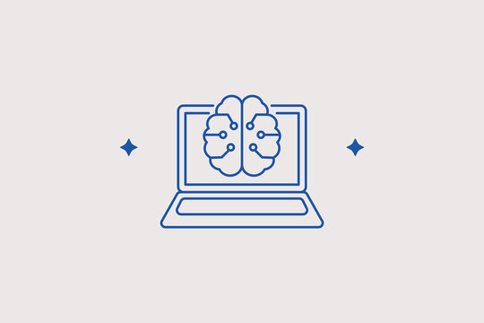 Open laptop computer screen displaying human brain circuit graphics line icon for neurotech software application, cognitive machine learning analytics portal. Smart vector illustration for data scienc