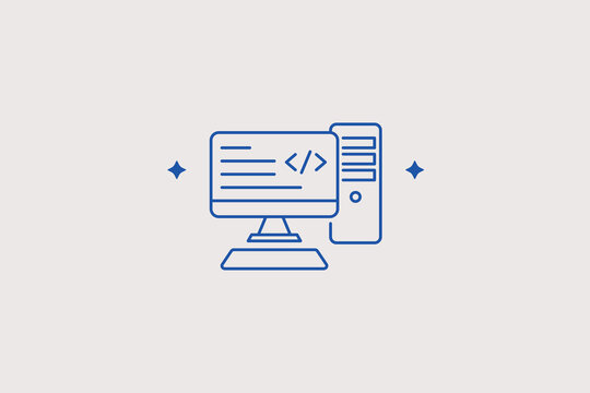 Personal computer monitor with workstation tower displaying code line icon for custom software engineering portal, full stack developer studio. Clean vector illustration for programming services.