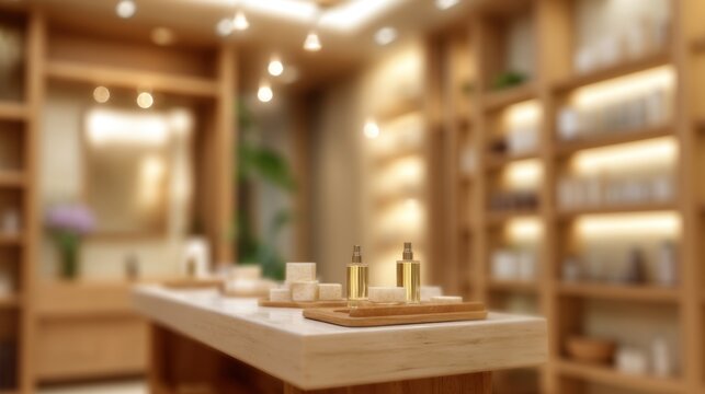 Elegant spa interior with shelves, candles, and glass bottles showcasing natural beauty products in warm lighting