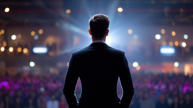 Professional Speaker on Stage with Audience, Spotlight, Conference Atmosphere, Inspiring Moment, Business Event, Engagement