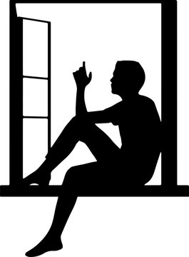 Silhouette of a Person Sitting on a Windowsill Looking Out and Thinking Vector Illustration