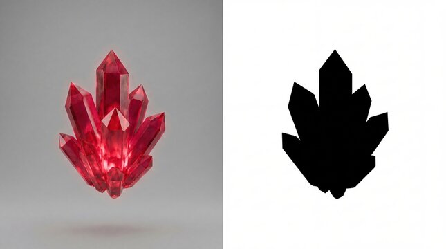 Red crystal mineral cluster with black silhouette mask. Shiny gemstone formation. Luxury jewelry material, geological specimen, esotericism and healing energy concept, isolated design.