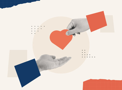 Trendy Halftone Collage of two hands giving and receiving a heart symbol, representing support and care. Perfect for charity, healthcare, mental health, CSR, and community wellbeing content.