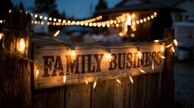 A rustic wooden 'FAMILY BUSINESS' sign, adorned with warm string lights, symbolizes entrepreneurial heritage and a.