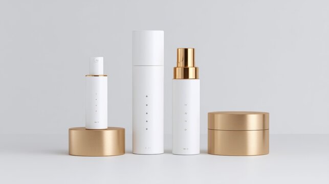 Elegant White and Gold Cosmetic Packaging Arrangement with Multiple Bottles and Containers on a Neutral Background