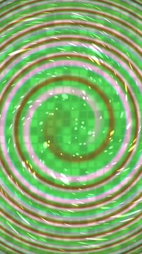 Abstract swirling green and gold spiral pattern with sparkling lights and a checkered background.