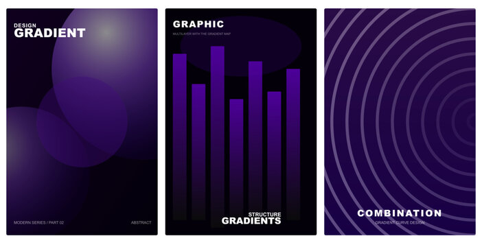 Set of three modern abstract posters with blue gradient shapes, bar charts and circular lines. Vector illustration.